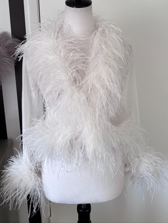 Tops - White Sheer Ostrich Feather Trim Blouse
